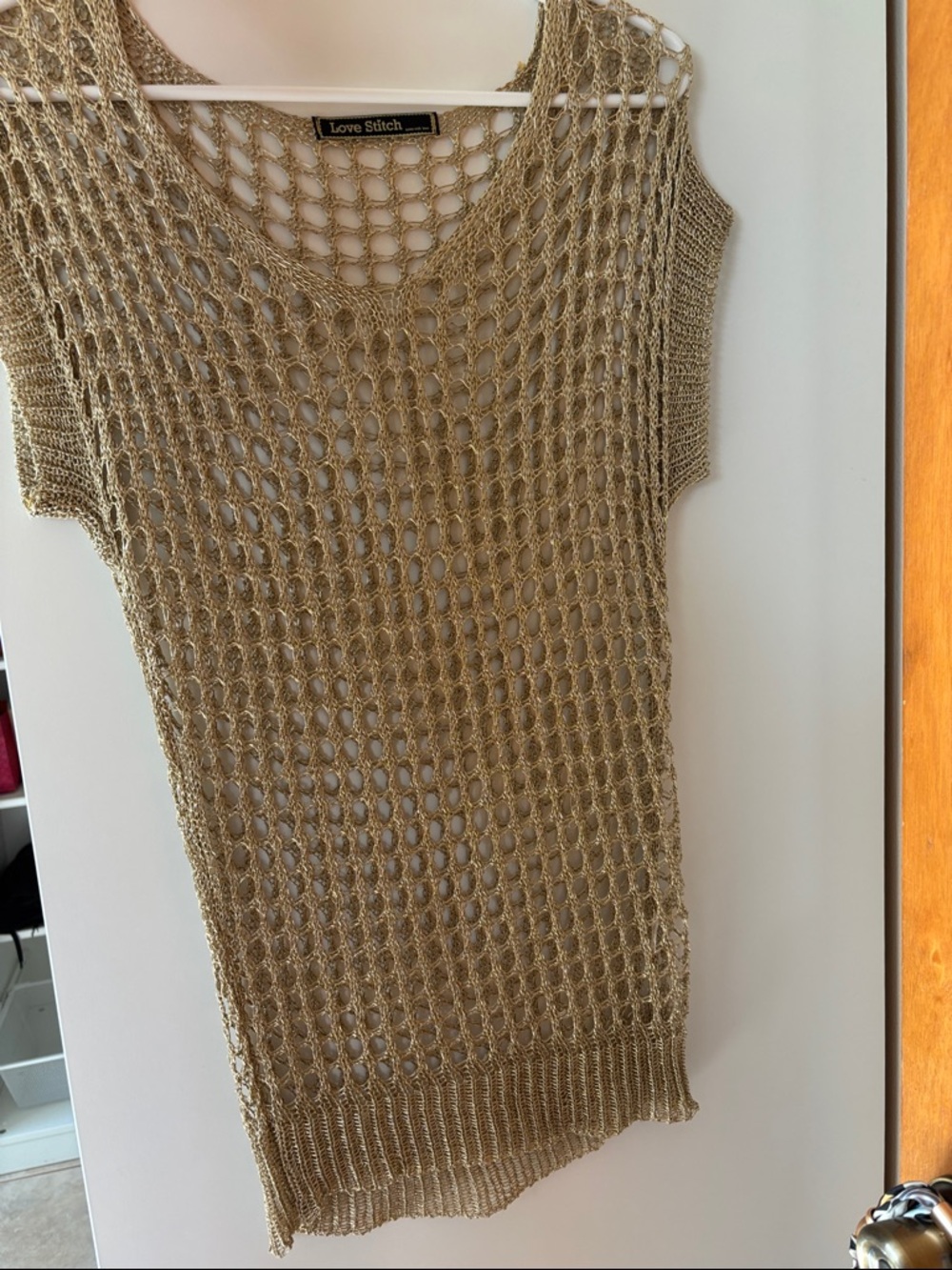 Love Stitch Metallic Gold Open-Knit Short Sleeve Tunic